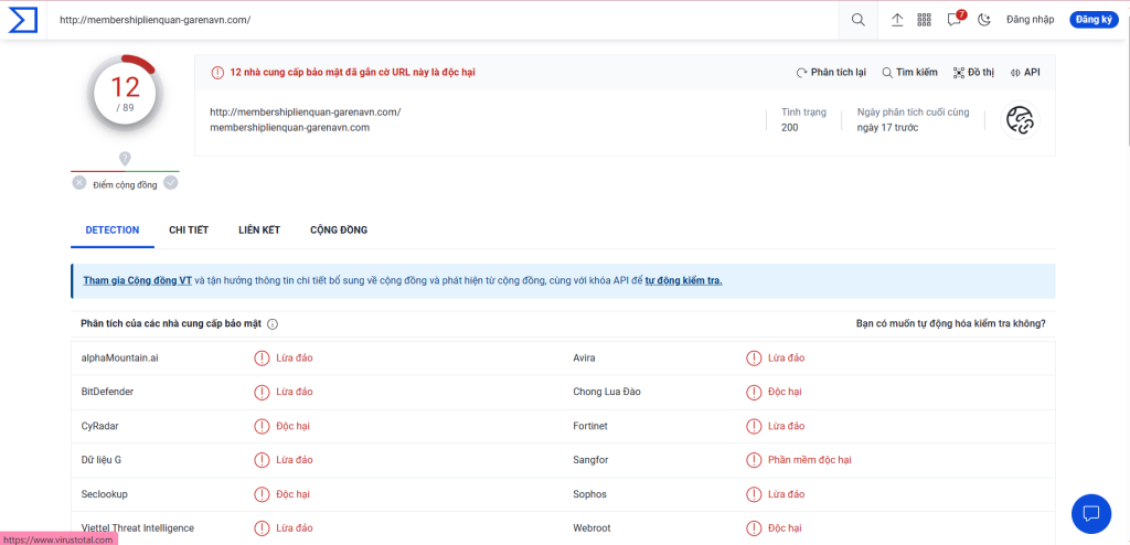 Có đến 12 nhà bảo mật đánh giá trang web này lừa đảo và chứa phần mềm độc hại.